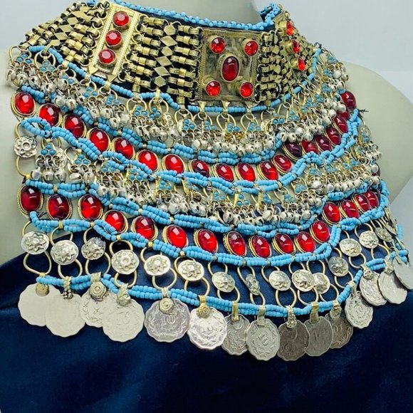 Afghan Choker Necklace, Tribal Kuchi Layered Necklace With Red Glass Stones - Picture 8 of 10